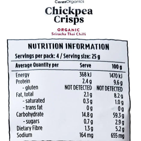 Ceres Organics Sriracha Thai Chilli Chickpea Crisps 100g infor
