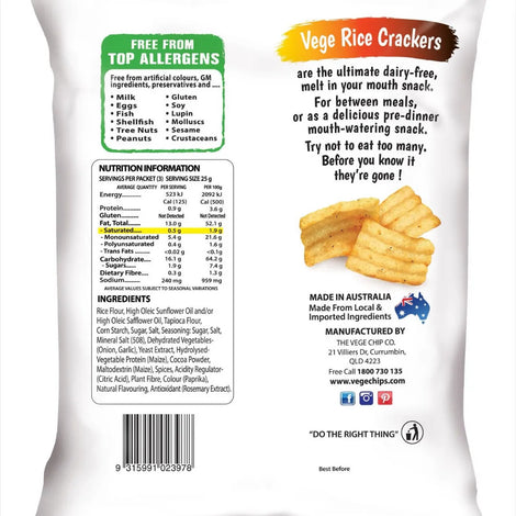Vege Rice Crackers Honey & Soy 75g - back of pack
