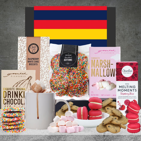 Selection of chocolates, biscuits and sweet treats in The AFL Hot Chocolate Hamper