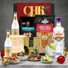 Christmas gin hamper for her featuring Gordon's London Dry Gin, Fever-Tree tonic water, sweet chilli chips, roasted peanuts, lemon and thyme olives, and chocolate treats