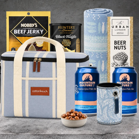Festive Beer by the Beach Picnic Hamper from Hampers Galore featuring refreshing beers and gourmet treats
