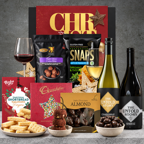 Hampers Galore Christmas Wine Hamper featuring The Untold Story Chardonnay, Shiraz, dark chocolate almonds and festive treats.