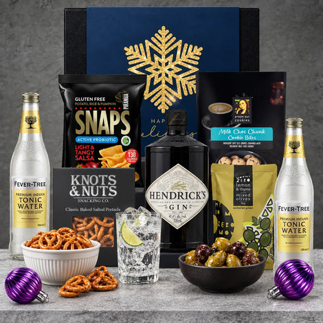 Hendrick's Gin Christmas hamper with Fever-Tree Elderflower Tonic, lemon and thyme olives, baked pretzels, salsa snaps and chocolate cookie bites