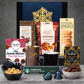 Luxury High Tea Christmas Hamper with organic English breakfast tea, coffee capsules, drinking chocolate and gourmet treats.