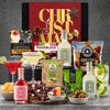 Christmas cocktail hamper featuring premixed Margarita, Mojito and Cosmopolitan cocktails with chocolates, tropical peanuts, chips, olives and fruity jellies