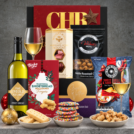Pinot Grigio Christmas Hamper For Her featuring The Untold Story white wine, macadamia shortbread, honey cashews and festive chocolates.