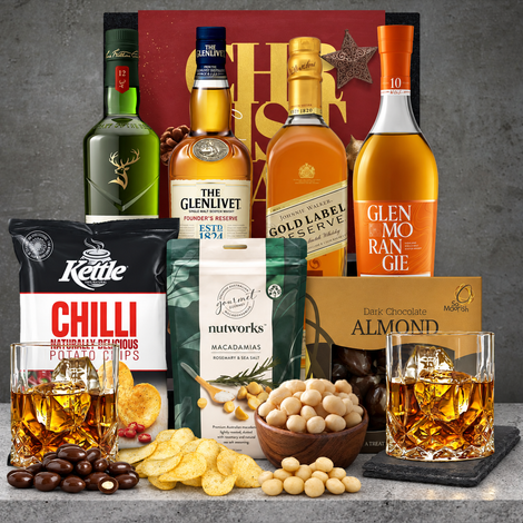 Premium whisky Christmas hamper with a choice of Glenfiddich, Glenlivet, Glenmorangie or Johnnie Walker Gold, whisky glasses, slate coasters and gourmet snacks