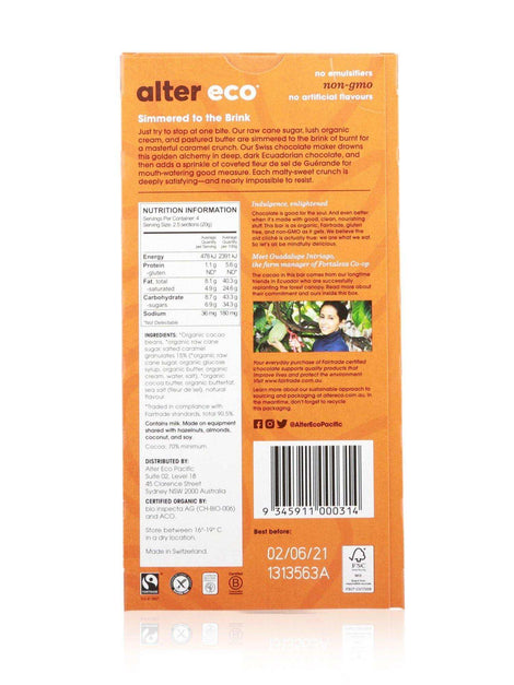 Alter Eco Organic Chocolate Deep Dark Salted Burnt Caramel 80g - Healthy Essentials Australia - health food store - health food stores - health food store near me - organic food store - health food store near me