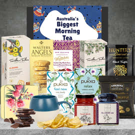 Relax with Tea Hamper featuring tea, chocolates and sweet treats