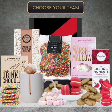 The AFL Hot Chocolate Hamper featuring chocolates, biscuits and sweet treats