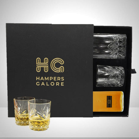 Johnnie Walker Black with 2 Whisky Glasses filled with Johnnie Walker Black Blended Scotch Whisky