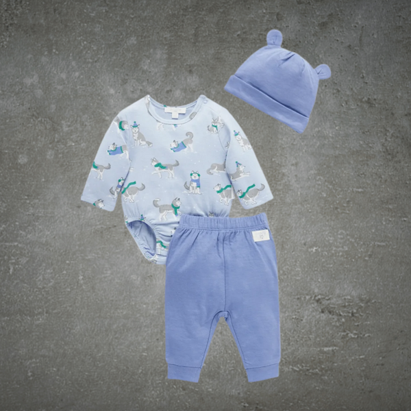 3pc Pure Baby Frolicking Blue Huskies Gift Set (Sizes 00 or 000)