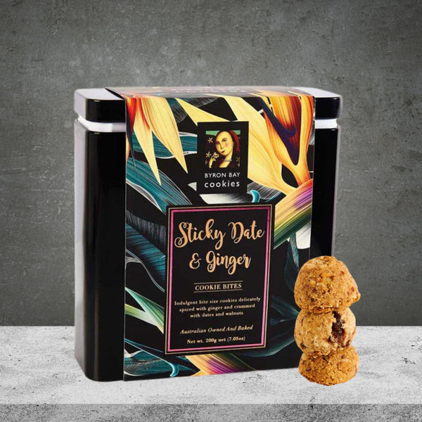 BYRON BAY COOKIES STICKY DATE GINGER GIFT TIN 200G