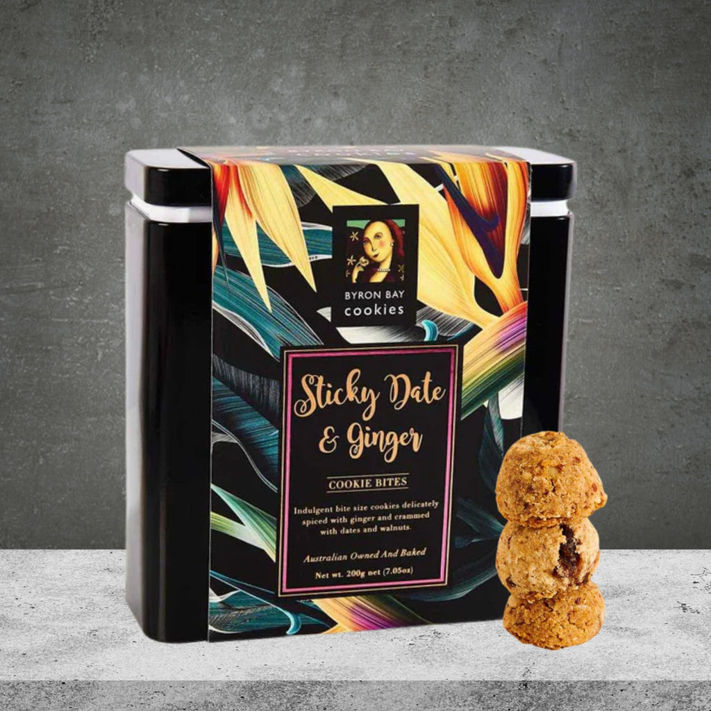 BYRON BAY COOKIES STICKY DATE GINGER GIFT TIN 200G
