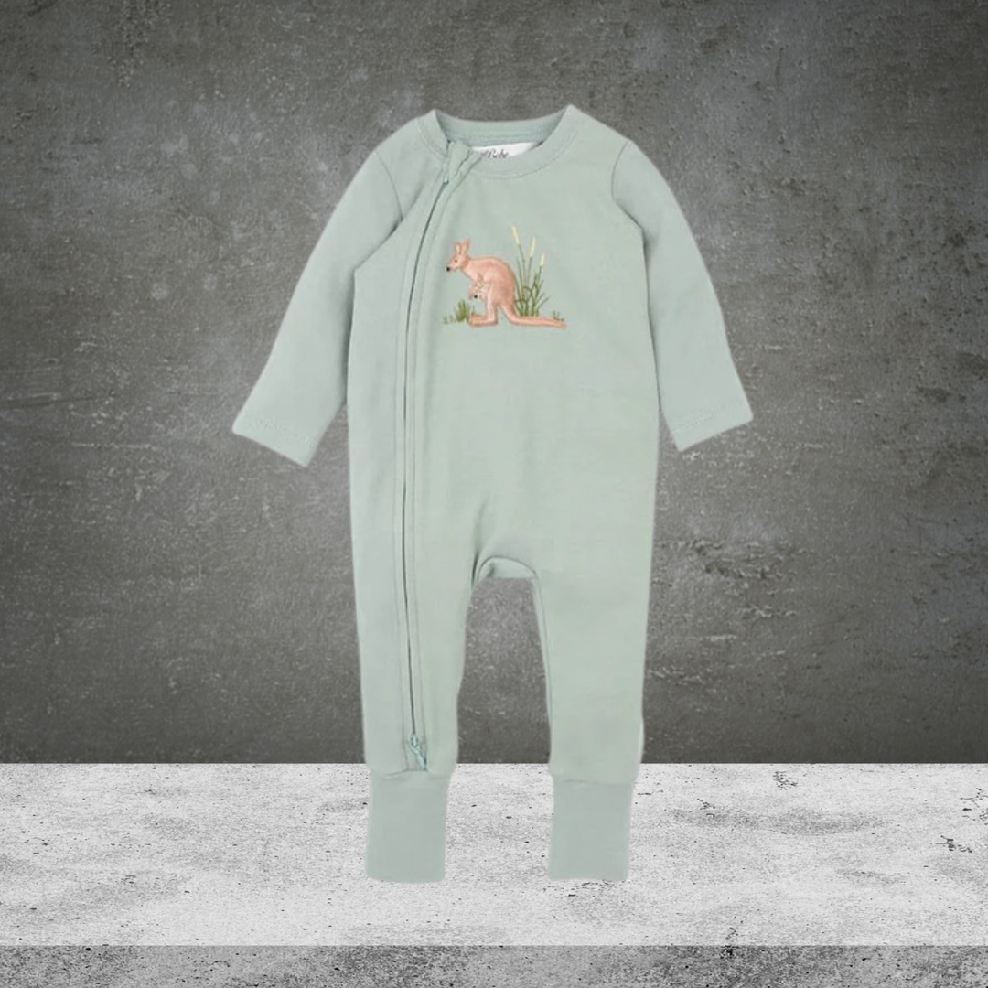 Bebe By Minihaha Charlie Kangaroo Organic L/S Zipsuit Dusty Green