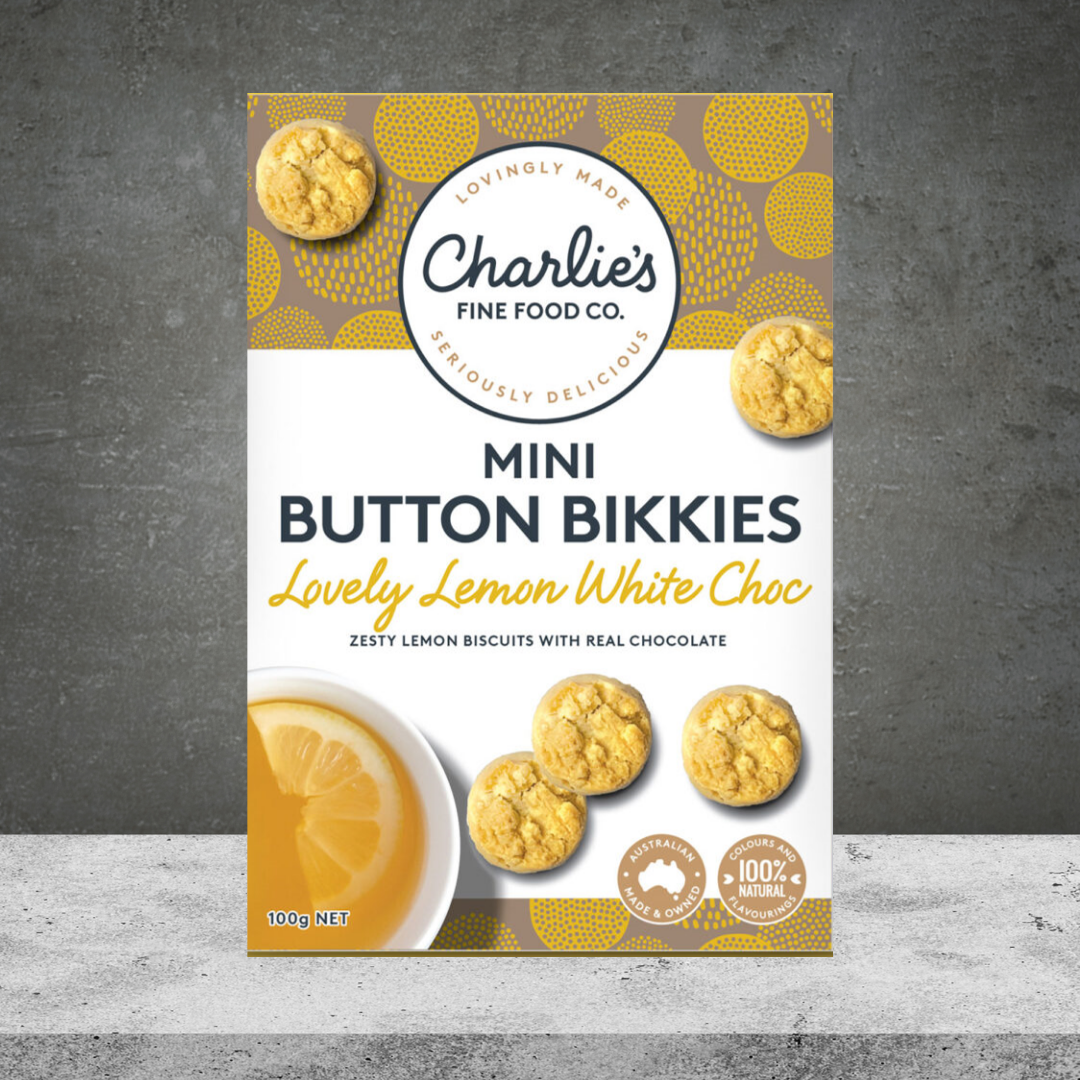 Charlies Mini Button Bikkies Lovely Lemon White Choc 100g