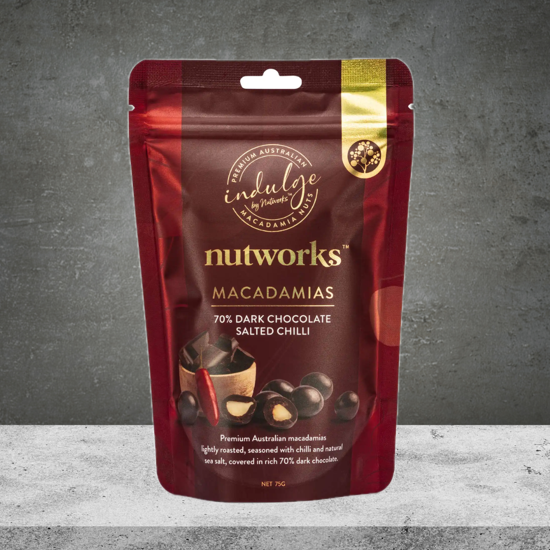 Nutworks Dark Chocolate Salted Chilli Macadamias 75g