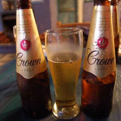 Crown Lager bottles and glass