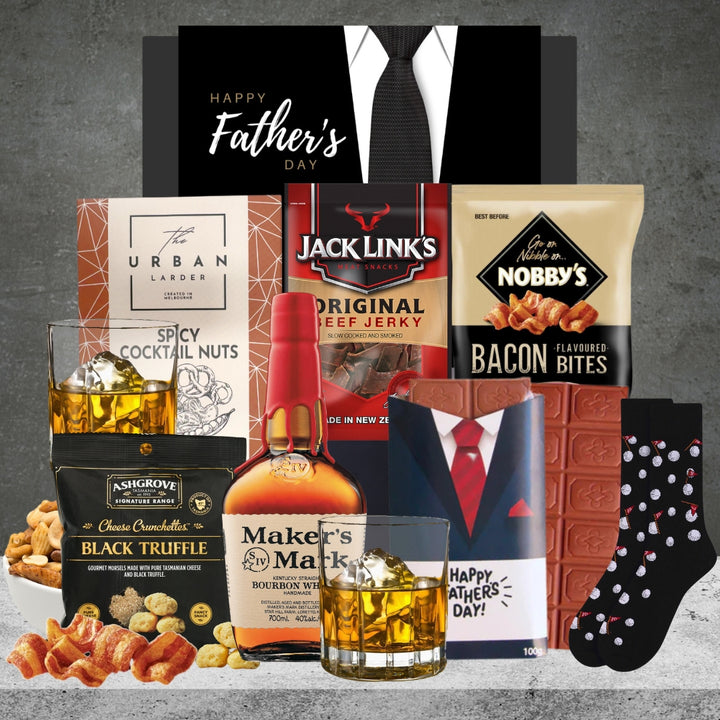 Dad You Rock Bourbon Hamper with Maker's Mark and Nobby's bacon bites