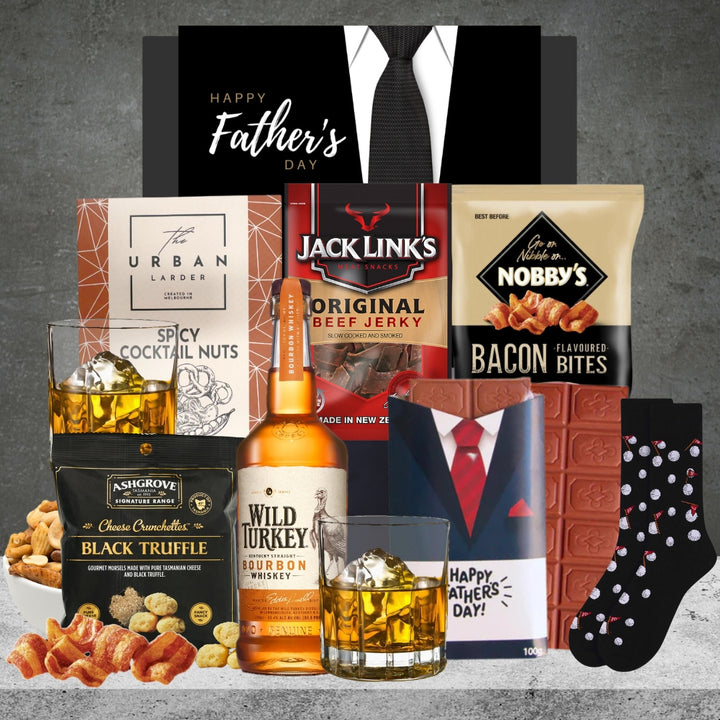 Dad You Rock Bourbon Hamper with Wild Turkey and Nobby's bacon bites