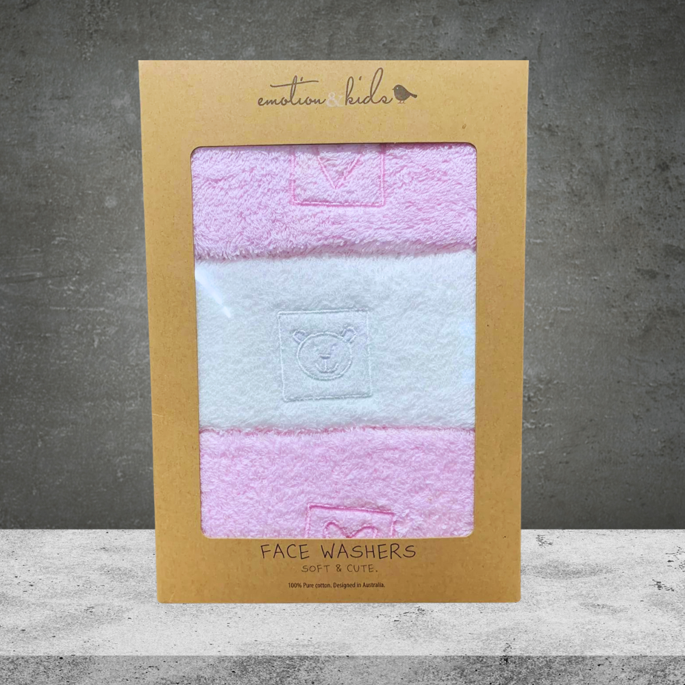 Emotion & Kids Pink Hearts & Teddy Facewasher - 3 Pack