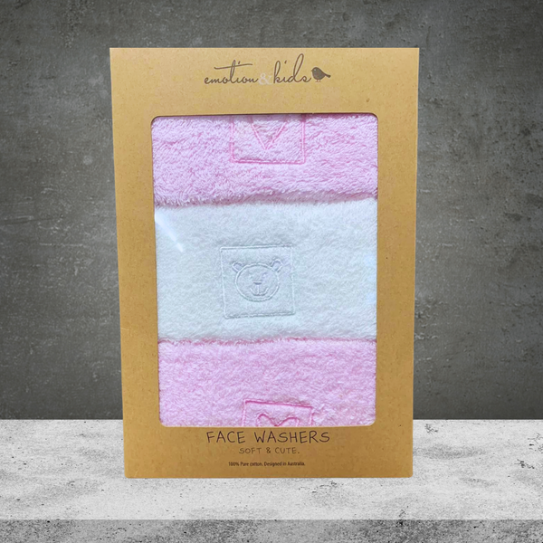 Emotion & Kids Pink Hearts & Teddy Facewasher - 3 Pack