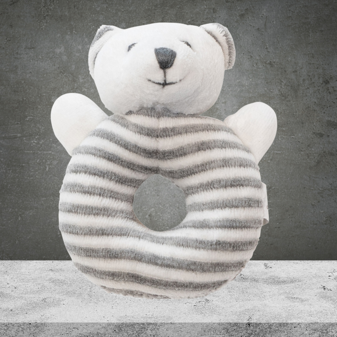 Emotion &Kids White And Grey Stripe Bear Rattle