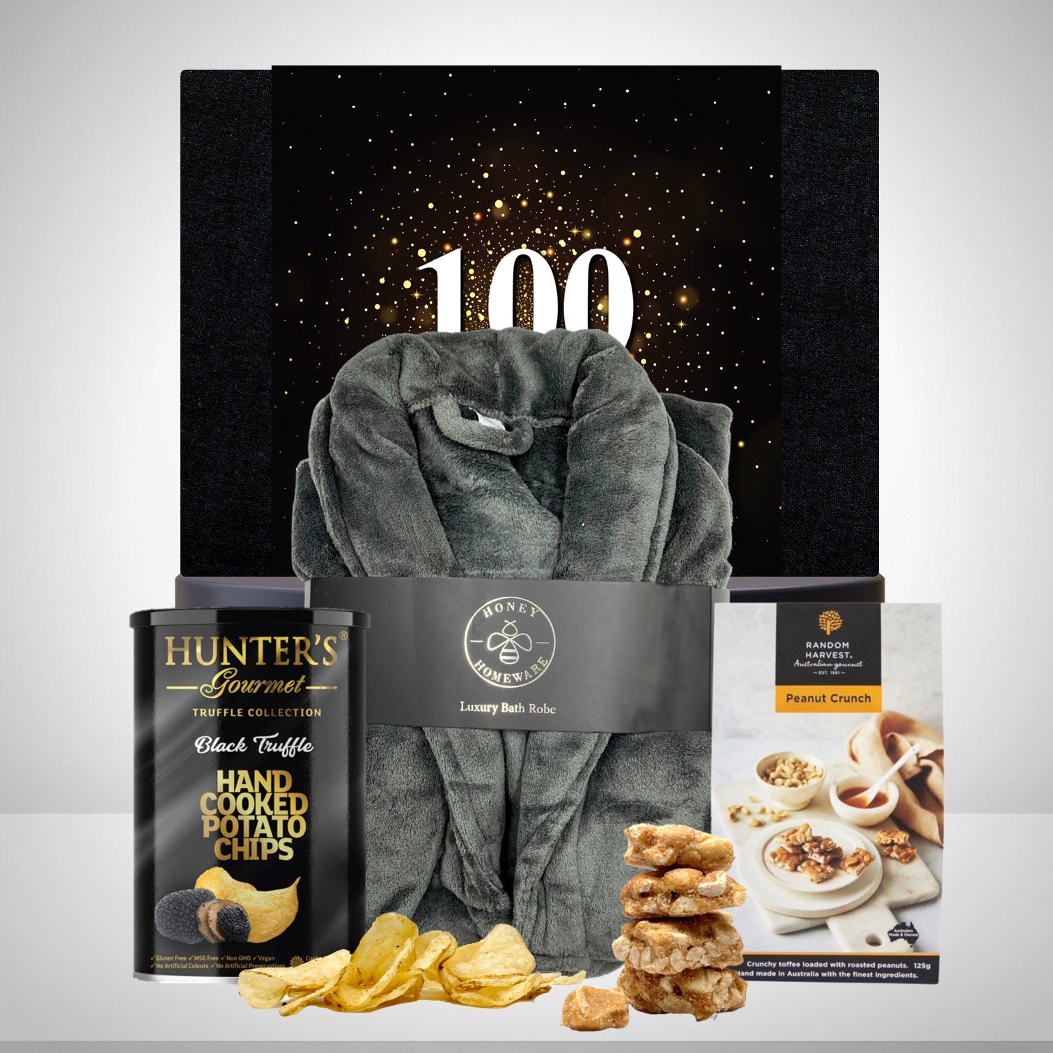 Happy 100th Plush Bathrobe & Snacks Hamper