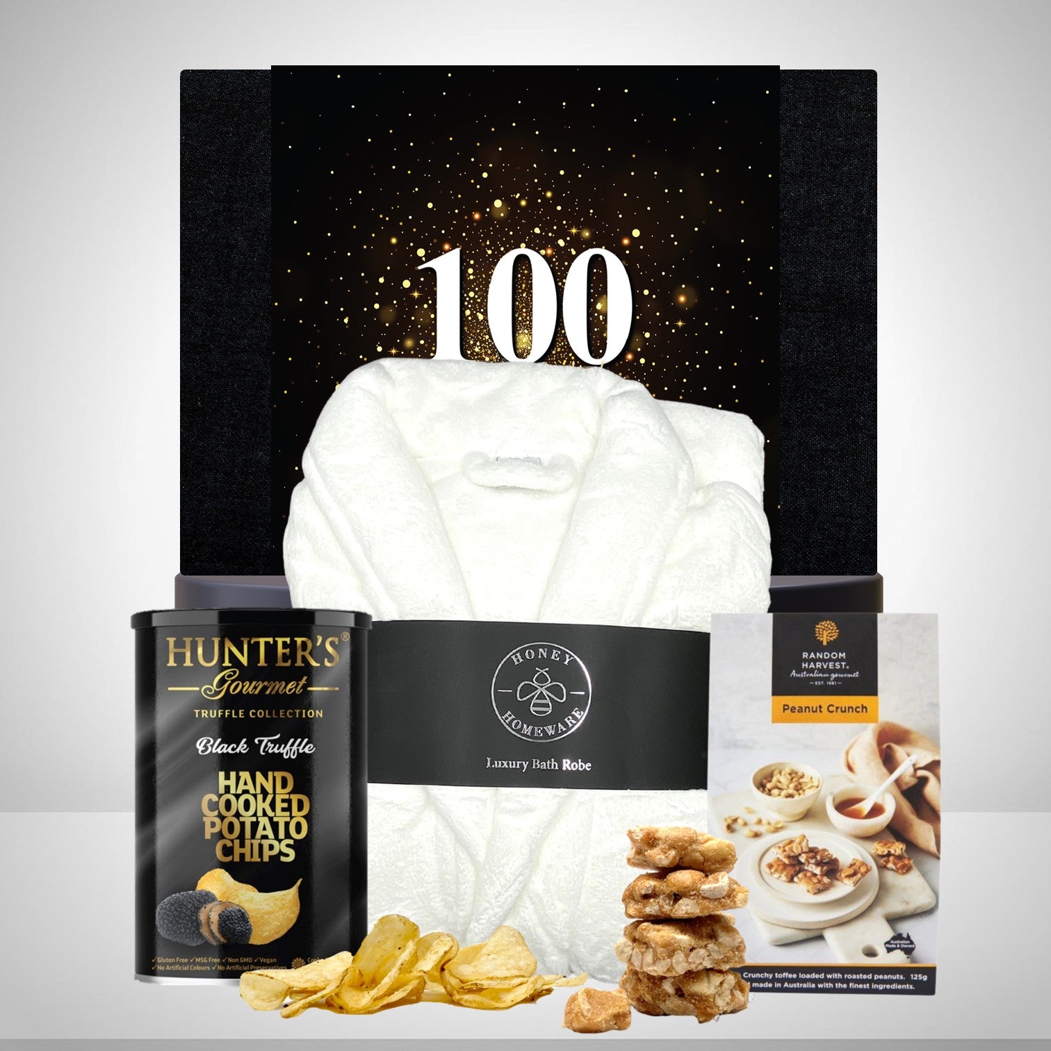 Happy 100th Plush Bathrobe & Snacks Hamper