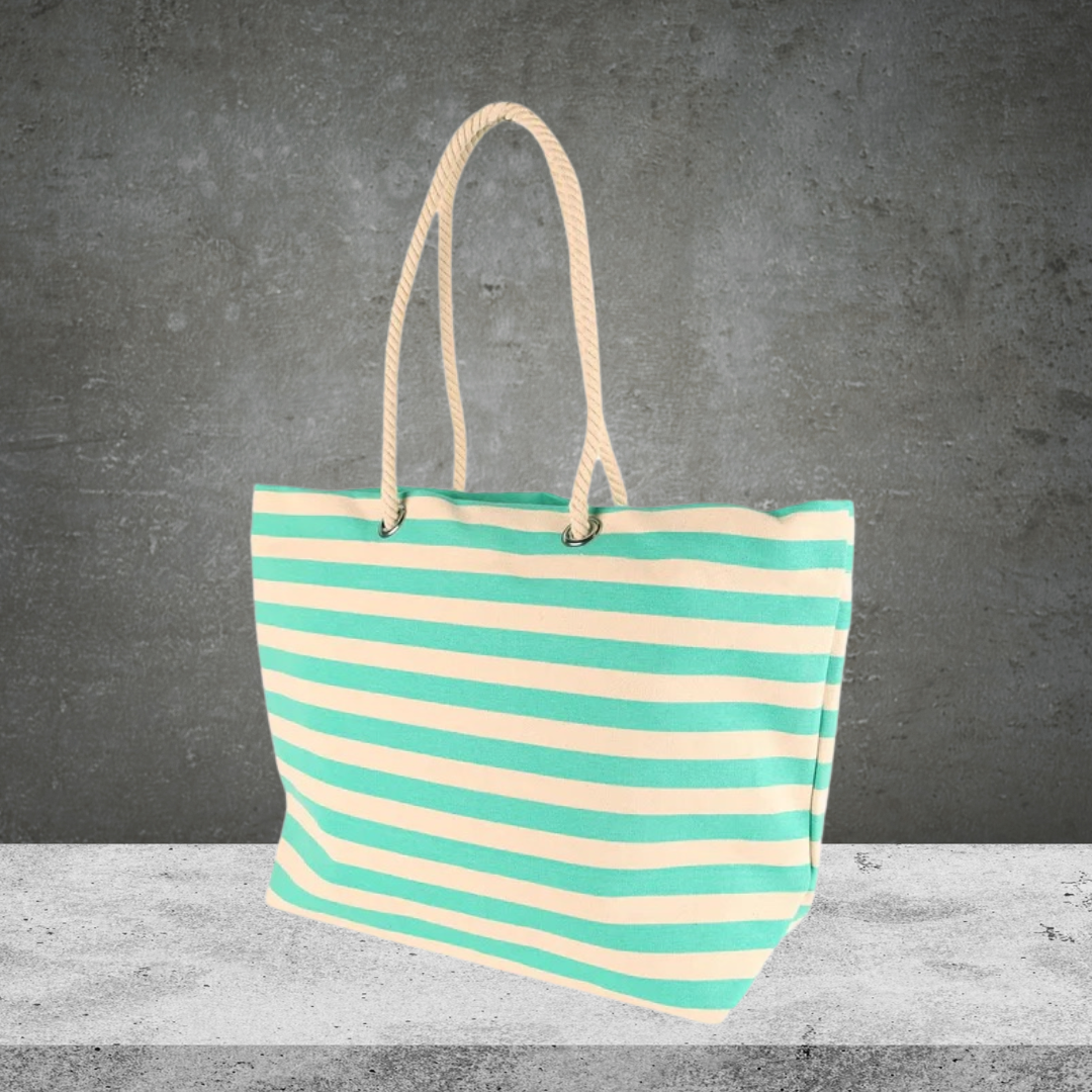 Large Striped Canvas Tote Beach Bag Green- 55cm x 36cm