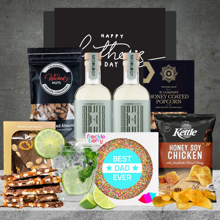 Mixology mojito two bottles with wicked nuts and Kettle honey soy chicken