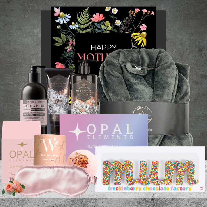 Mum's Comforting Night in Pamper Hamper with Honey Homeware Grey Luxury Bath Robe