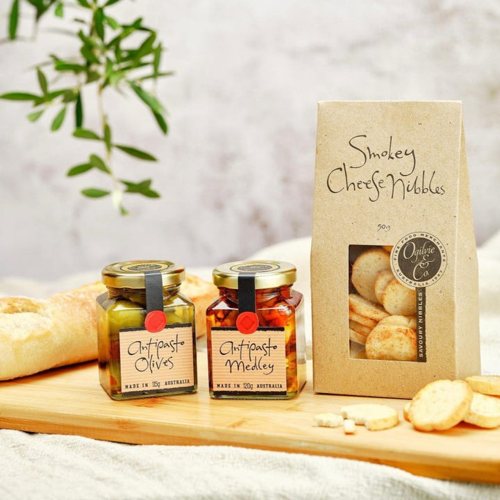 Ogilvie & Co Smokey Cheese Nibbles 50g & Ogilvie & Co Antipasto Medley 100g