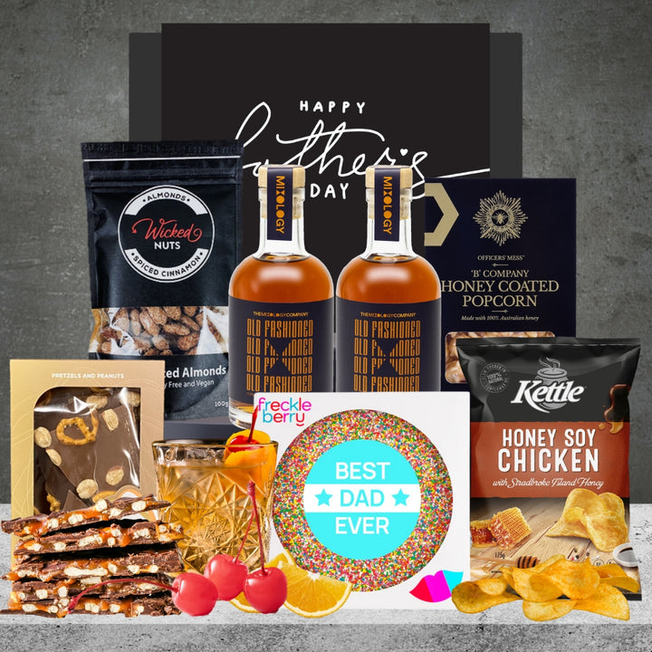 Old fashioned Mixology two bottles with wicked nuts and Kettle honey soy chicken