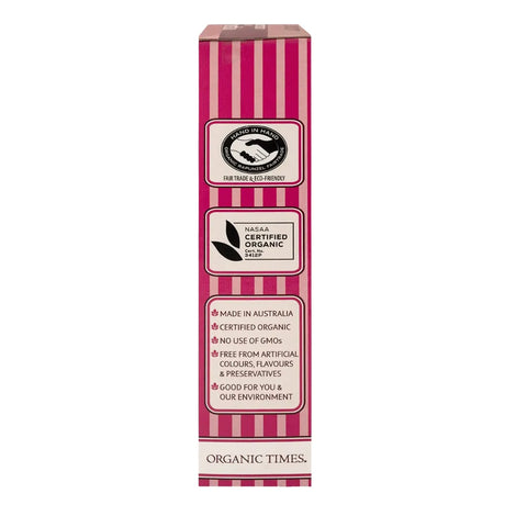 Organic Times White Chocolate Raspberry Licorice 150g - side of pack