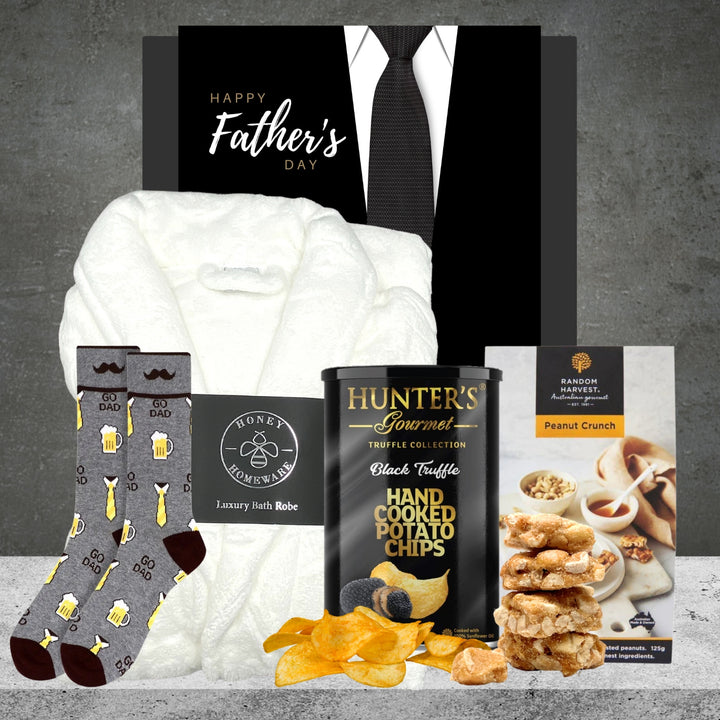 Plush Bathrobe & Snacks Hamper For Dad with white robe