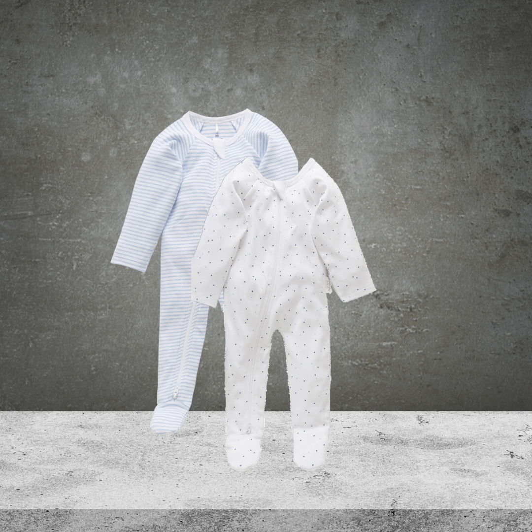 Pure Baby Essentials Blue Spot & Stripe Zip Growsuit 2 Pack