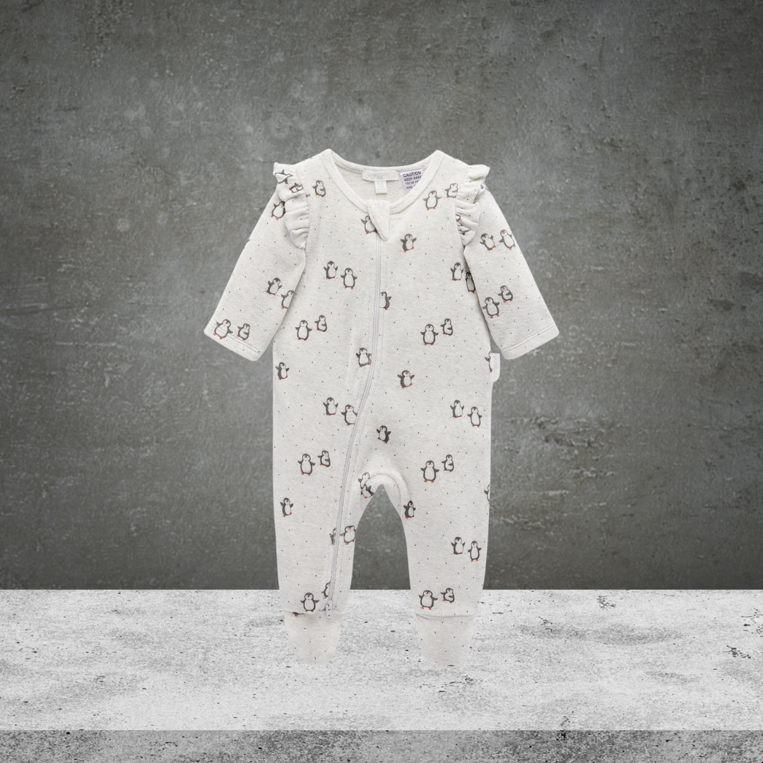 Pure Baby Frill Velour Penguin Growsuit