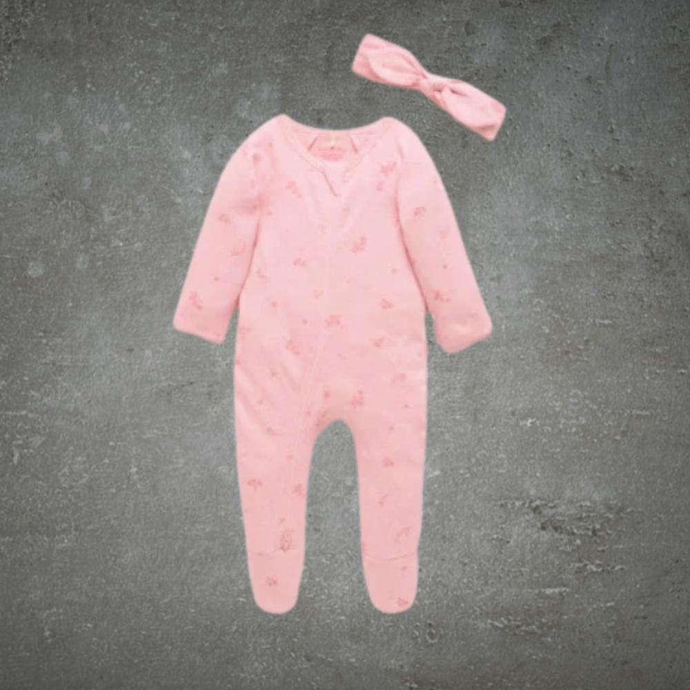 Pure Baby Zip Growsuit And Headband Set Pale Pink Blossom (Sizes 00 or 000)