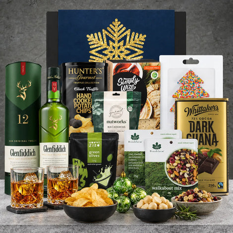 A Christmas Vegan Whiskey Delight from Hampers Galore featuring premium whiskey and vegan-friendly festive treats