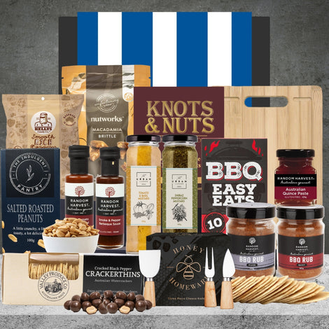 The Aussie AFL BBQ Hamper featuring premium nuts and savoury snacks