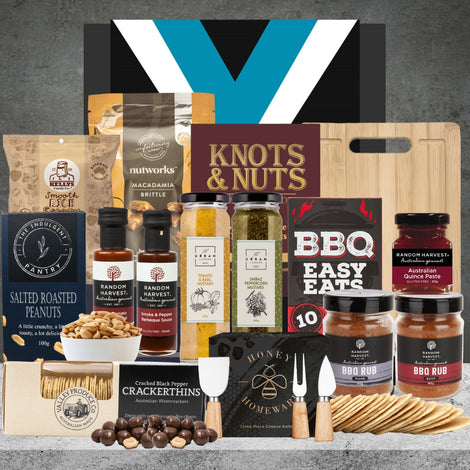 Gourmet selection of chocolates, nuts and savoury nibbles in The Aussie AFL BBQ Hamper
