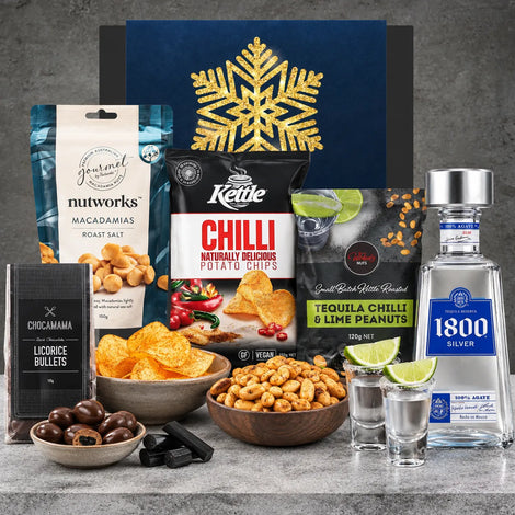 Best Christmas Tequila Hamper for Her from Hampers Galore featuring 1800 Blanco Tequila and gourmet snacks