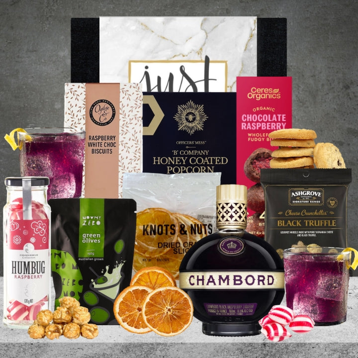 Chambord Raspberry Cocktail Hamper from Hampers Galore featuring raspberry liqueur and gourmet treats