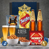 Crown Lager Christmas snack hamper featuring two 375ml beers, beer nuts, baked pretzels, cheese Twisties and Red Rock Deli chips.
 Copy alt text