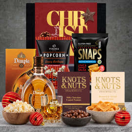 Dimple 12 Year Old Whisky Christmas hamper with roasted salted mixed nuts, milk chocolate peanuts, tangy salsa snaps and BBQ popcorn