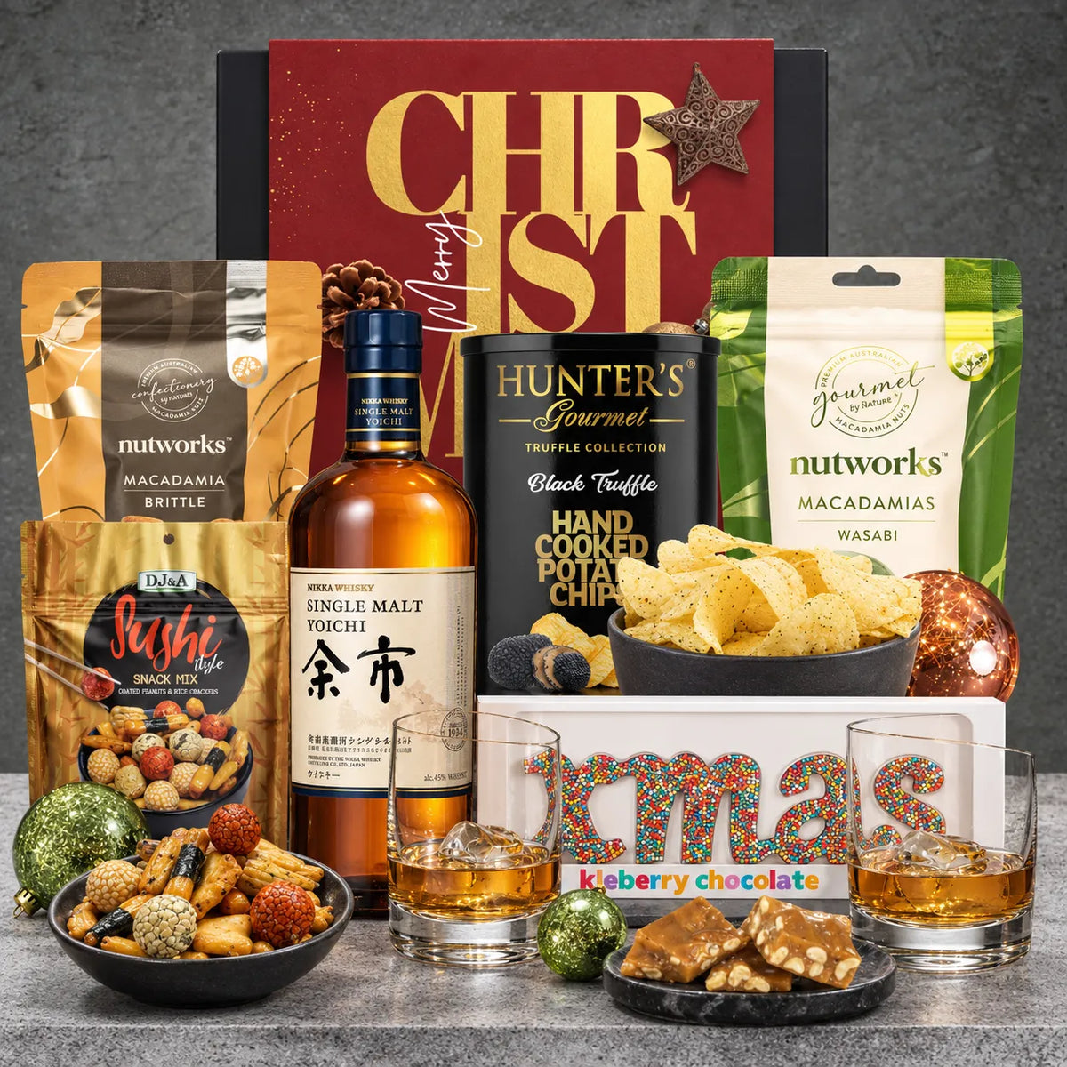 Festive Japanese Nikka Yoichi Whisky Hamper from Hampers Galore featuring premium Japanese whisky and gourmet treats