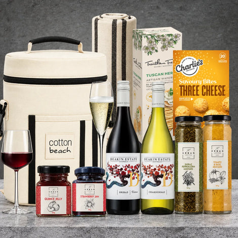 Festive Wine by the Beach Picnic Hamper from Hampers Galore featuring wine and gourmet treats