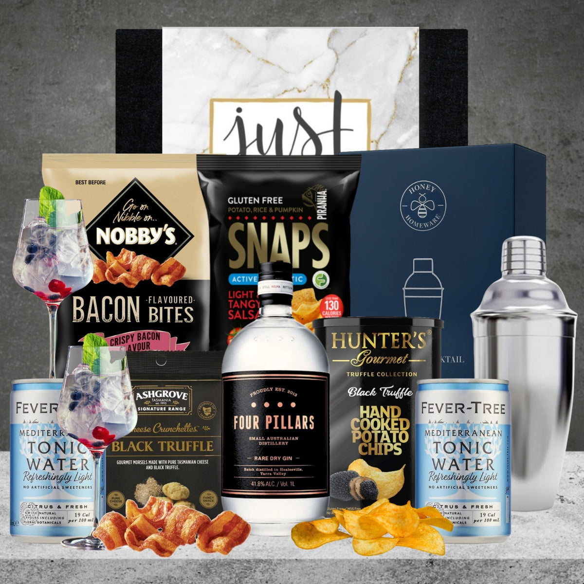 Four Pillars Gin & Shaker Hamper for Him from Hampers Galore, a premium gin gift