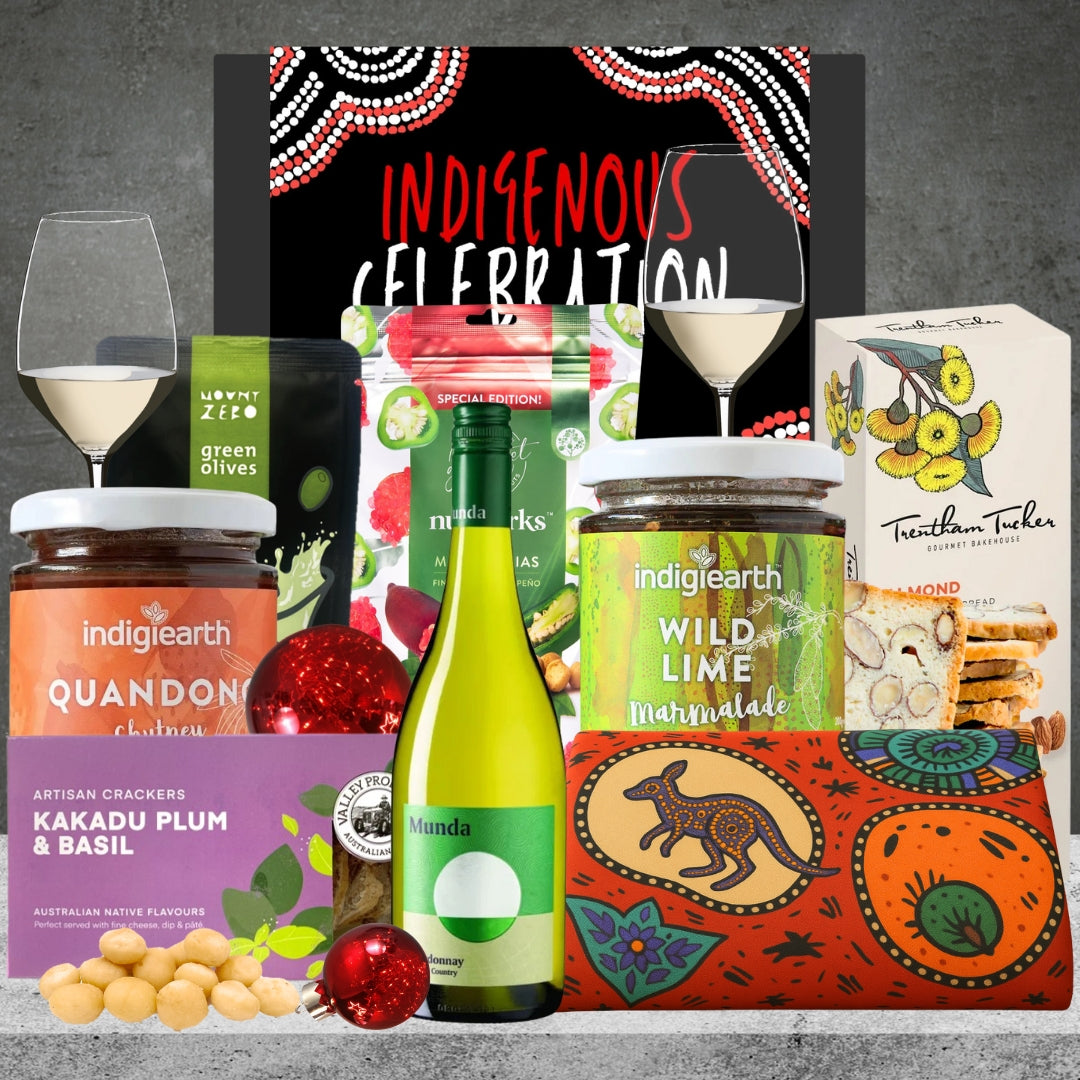 Indigenous White Wine Christmas Hamper from Hampers Galore featuring white wine and festive treats